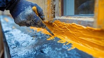 Hand applying yellow sealant to wooden surface for weatherproofing at construction site photo