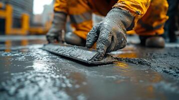 Worker applying finishing touches to a smooth concrete surface during evening construction hours photo