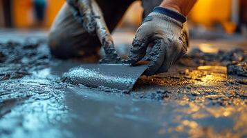 Worker applying finishing touches to a smooth concrete surface during evening construction hours photo