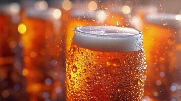 Pouring a cold beverage into a sparkling glass with festive lights in the background photo