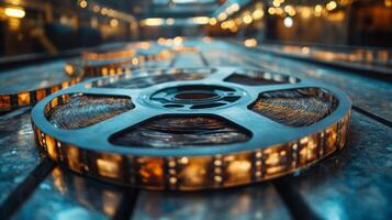 Artistic representation of a film reel surrounded by sparkling light effects photo