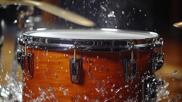 Water splashes dramatically over a wooden drum during a dynamic music performance photo