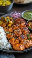 Delicious grilled salmon served with quinoa and fresh vegetable salad on a rustic plate photo