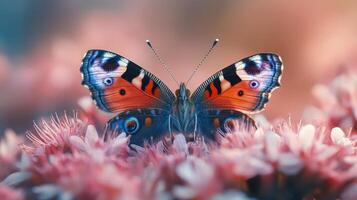 Monarch butterfly resting on colorful flowers in a vibrant garden during springtime photo