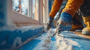 Hand applying yellow sealant to wooden surface for weatherproofing at construction site photo