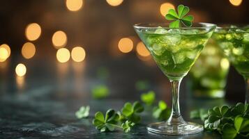 Refreshing green cocktail garnished with clover in a festive atmosphere photo