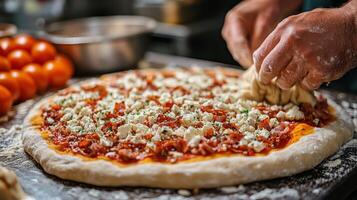 Hands expertly kneading dough on a flour-covered countertop in a bustling kitchen photo