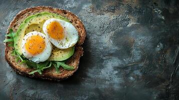 Delicious avocado toast topped with poached eggs on whole grain bread in a rustic setting photo