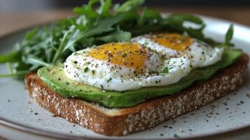 Delicious avocado toast topped with poached eggs on whole grain bread in a rustic setting photo
