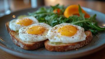 Delicious avocado toast topped with poached eggs on whole grain bread in a rustic setting photo