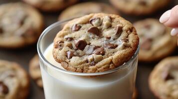 Delightful cookie dipped in creamy chocolate milk at a cozy gathering photo