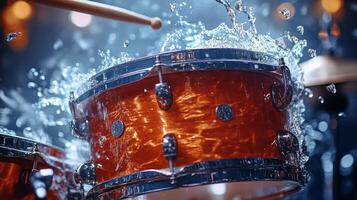 Water splashes dramatically over a wooden drum during a dynamic music performance photo