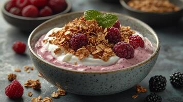 Delicious chocolate mousse topped with raspberries and granola in black bowls photo