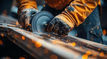 Skilled craftsman shaping metal in workshop using precision tools during daylight hours photo