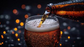 Pouring a cold beverage into a sparkling glass with festive lights in the background photo