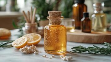 Essential oils displayed in a cozy indoor setting with natural light photo