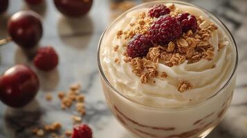 Delicious chocolate mousse topped with raspberries and granola in black bowls photo