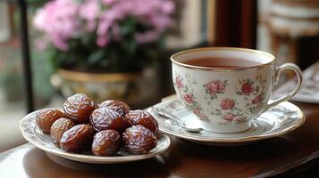 Tea with traditional sweets served in elegant porcelain at a cozy cafe with floral decor photo