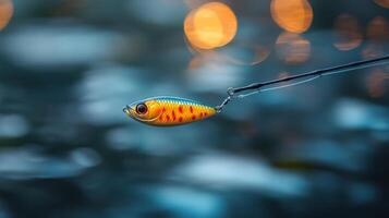 Close-up of a fishing rod with droplets resting on its surface near calm water photo
