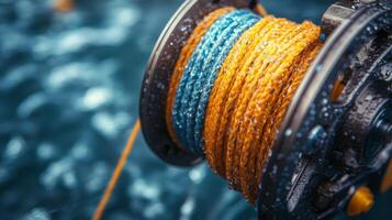 Vintage fishing reel with bright yellow line in rustic workshop setting photo
