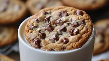 Delightful cookie dipped in creamy chocolate milk at a cozy gathering photo