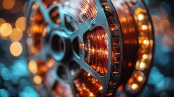Artistic representation of a film reel surrounded by sparkling light effects photo