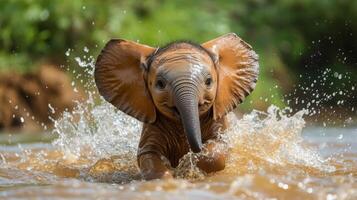 Young elephant splashes joyfully in river during sunny day surrounded by lush greenery photo
