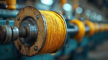 Vintage fishing reel with bright yellow line in rustic workshop setting photo
