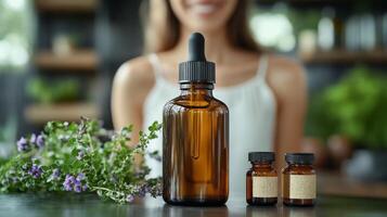 Essential oils displayed in a cozy indoor setting with natural light photo