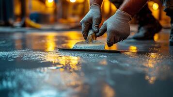 Worker applying finishing touches to a smooth concrete surface during evening construction hours photo