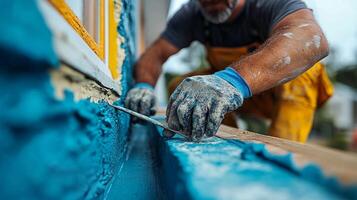 Hand applying yellow sealant to wooden surface for weatherproofing at construction site photo