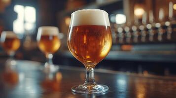Refreshing craft beer served in a glass at a trendy bar during evening hours photo