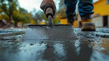 Worker applying finishing touches to a smooth concrete surface during evening construction hours photo