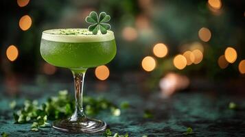 Refreshing green cocktail garnished with clover in a festive atmosphere photo