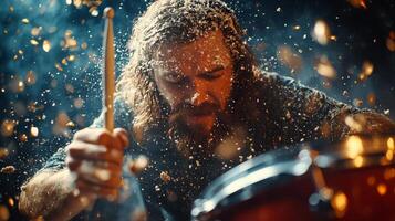 Water splashes dramatically over a wooden drum during a dynamic music performance photo