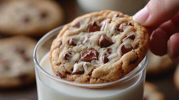 Delightful cookie dipped in creamy chocolate milk at a cozy gathering photo