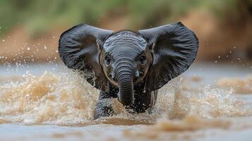 Young elephant splashes joyfully in river during sunny day surrounded by lush greenery photo