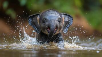 Young elephant splashes joyfully in river during sunny day surrounded by lush greenery photo