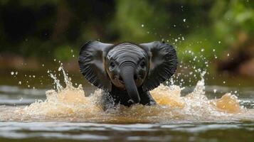 Young elephant splashes joyfully in river during sunny day surrounded by lush greenery photo