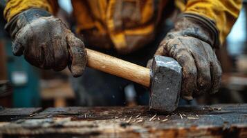 Construction workers hammering wooden planks at a building site during a rainy day photo