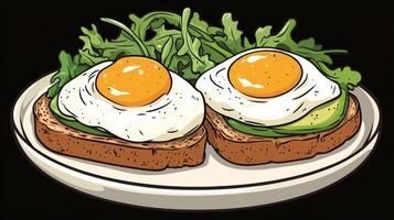 Delicious avocado toast topped with poached eggs on whole grain bread in a rustic setting photo