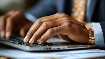 Typing on a laptop at a wooden desk during warm evening light photo
