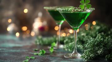 Refreshing green cocktail garnished with clover in a festive atmosphere photo