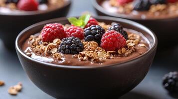 Delicious chocolate mousse topped with raspberries and granola in black bowls photo