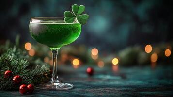 Refreshing green cocktail garnished with clover in a festive atmosphere photo