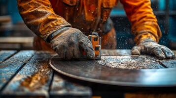 Skilled craftsman shaping metal in workshop using precision tools during daylight hours photo