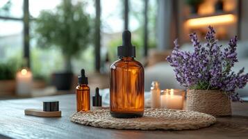 Essential oils displayed in a cozy indoor setting with natural light photo