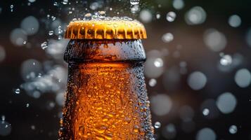 Refreshing beverage with droplets and bokeh background in dining setting during evening hours photo