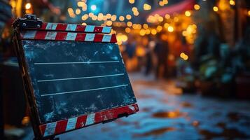 Chalkboard sign in bustling street adorned with fairy lights during evening hours photo