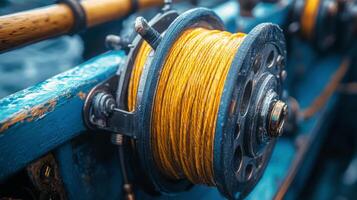 Vintage fishing reel with bright yellow line in rustic workshop setting photo